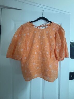 LOFT Orange Floral Embroidered Puff-Sleeve Blouse